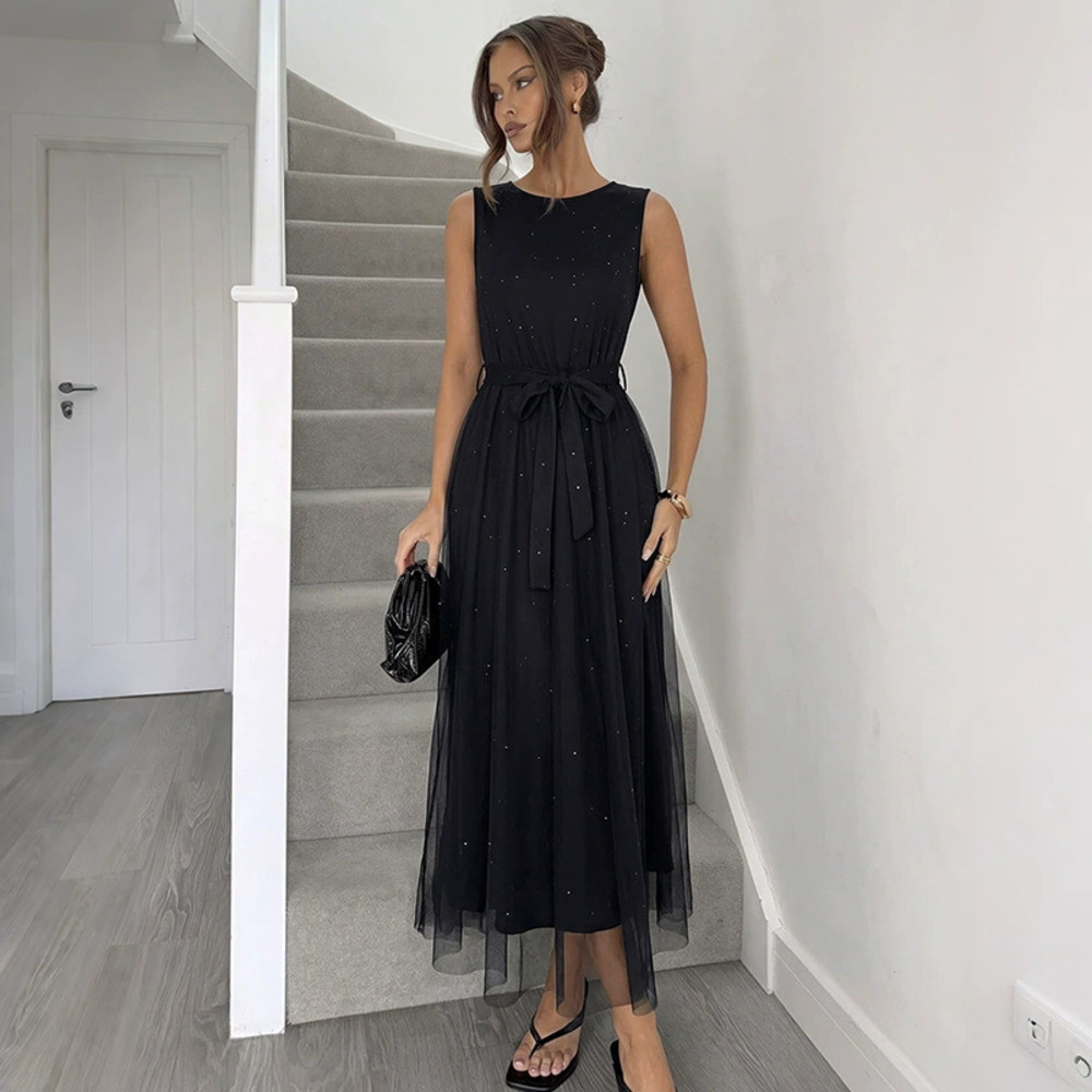 Women Summer Spliced Mesh Evening Dress Tie Waist Long Sleeveless